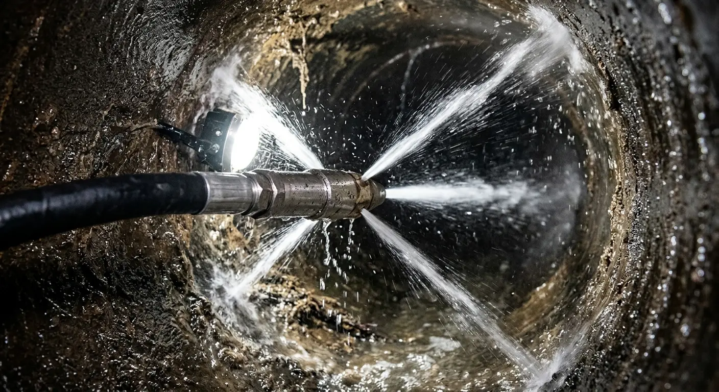 High-pressure hydro jetting nozzle cleaning sewer pipe for Sewer Cleanout in Kent