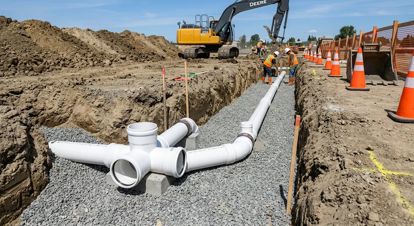 New PVC sewer pipe installation in open trench for Sewer Backup in Kent