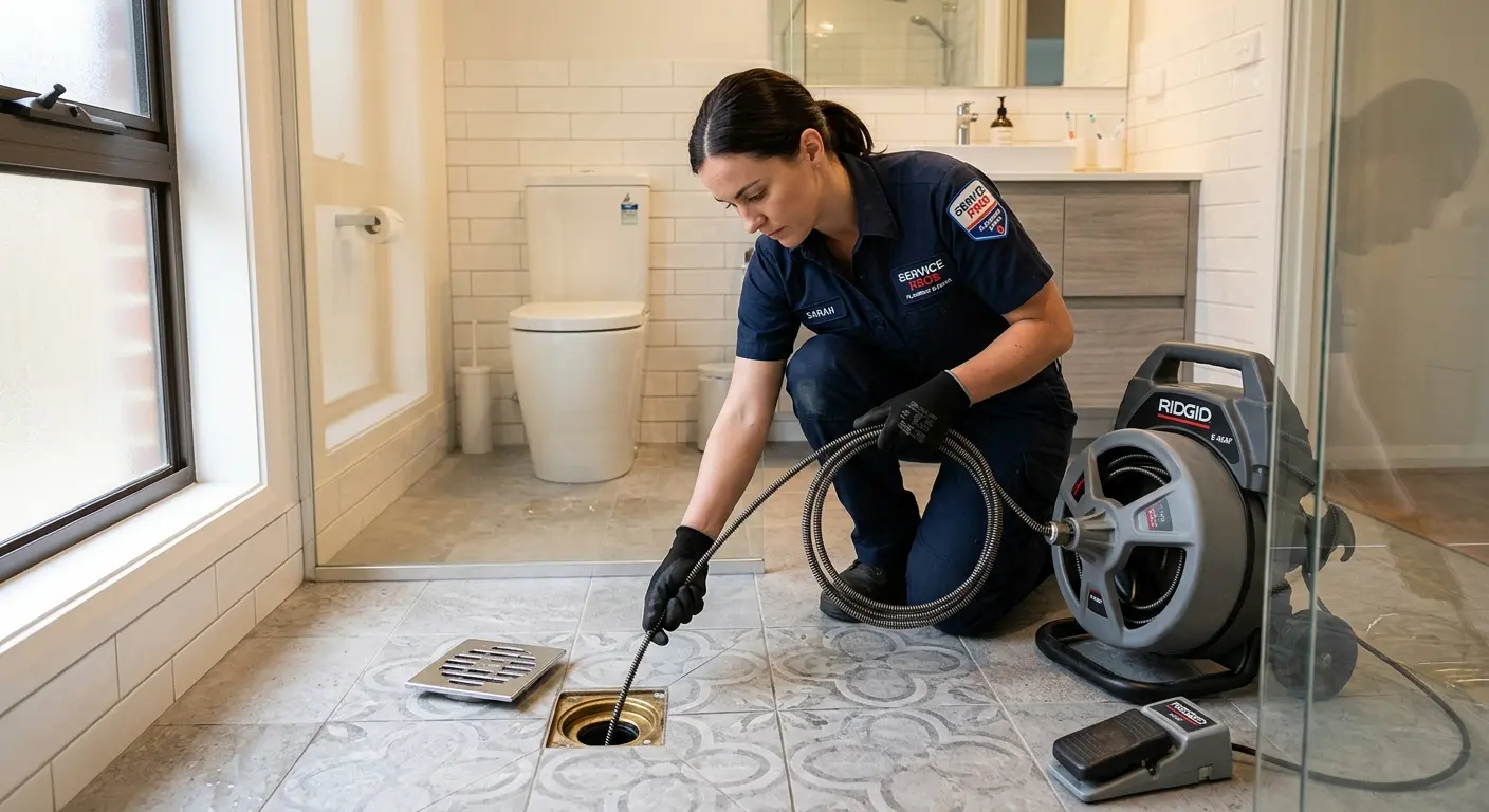 Technician clearing a bathroom floor drain for Drain Cleaning in Kent